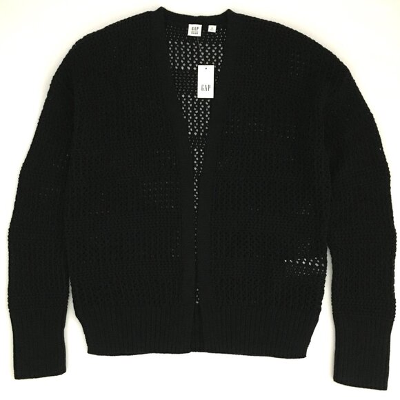 NEW! GAP Black Open Weave Crochet Cocoon Open Front Sweater With Side Slits - M - Picture 5 of 8